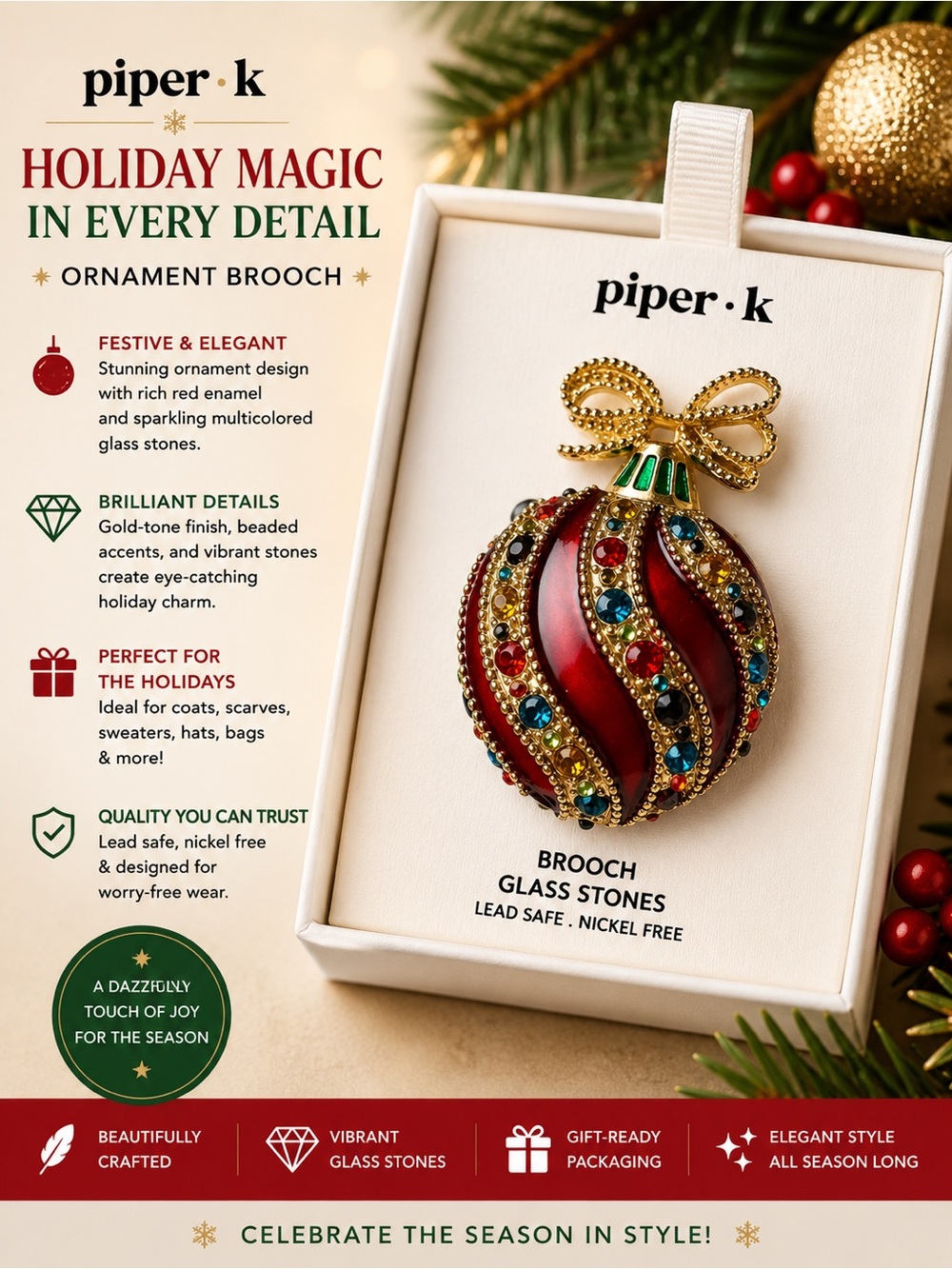 Piper Red and Gold Ornament Brooch with Multicolored Stones